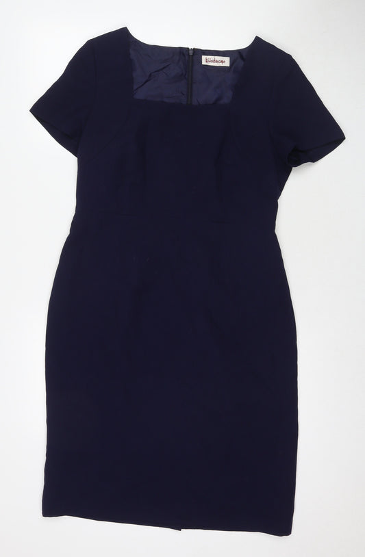 Additional front view of Kaleidoscope women’s blue polyester a-line, size UK 14, square neck zip