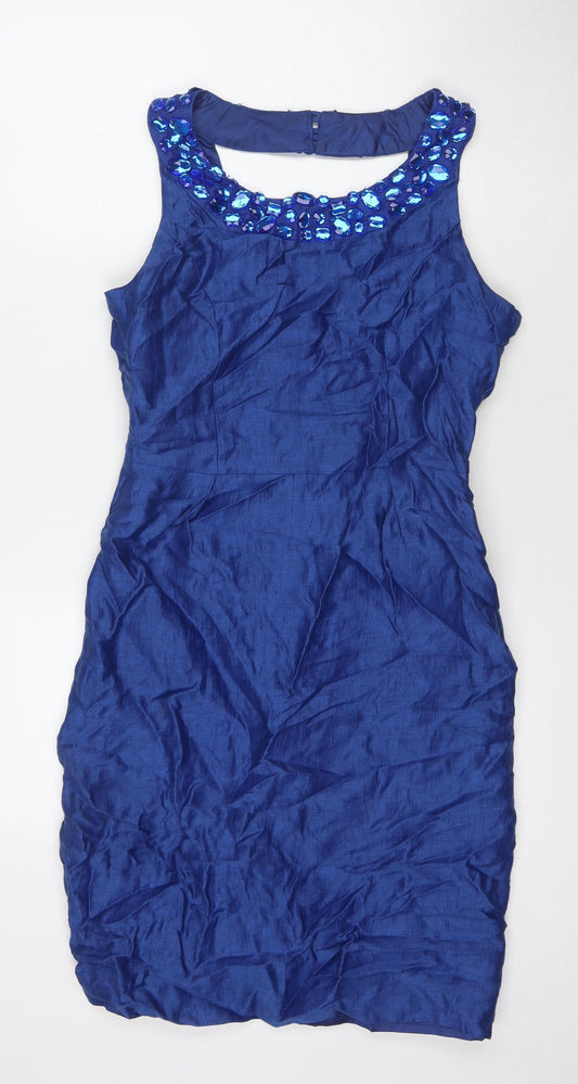 Additional front view of Kaliko women’s blue polyester a-line, size UK 10, round neck zip