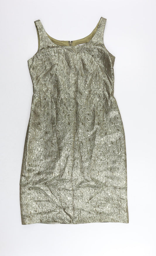 Additional front view of Kaleidoscope women’s gold acetate pencil dress, size UK 12, boat neck zip