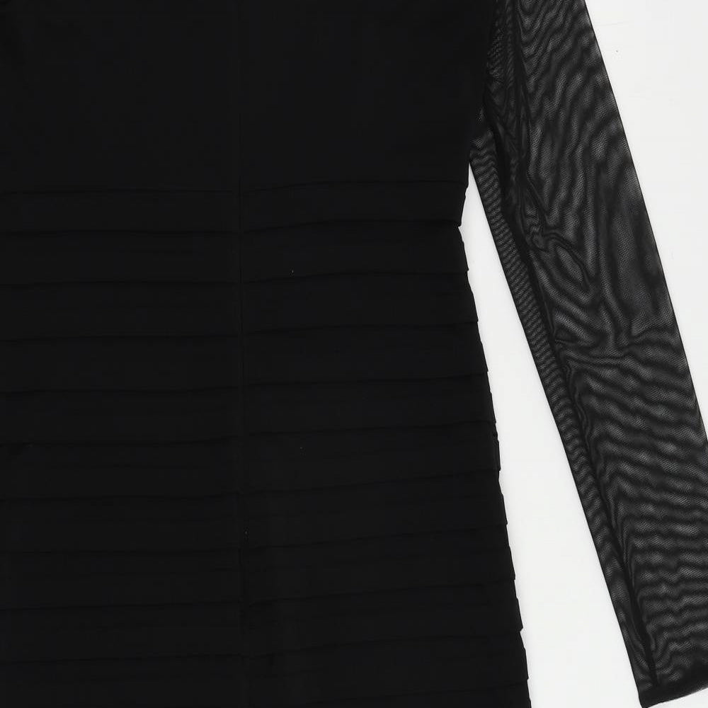 Brand and care label for Wallis women’s black polyester pencil dress, size UK 10, round neck button - sheer sleeves