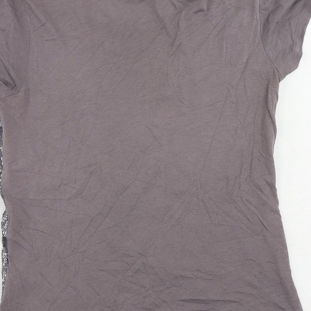 Great Plains Womens Grey Cotton Basic T-Shirt Size M Round Neck - Sequin