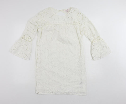 Additional front view of Miss Selfridge women’s white cotton shift, size UK 12, round neck button - broderie anglaise