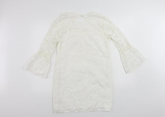 Miss Selfridge Womens White Cotton Shift Size 12 Round Neck Button - Broderie Anglaise