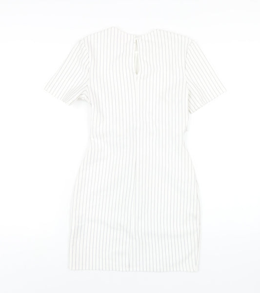 Miss Selfridge Womens White Striped Polyester Bodycon Size 6 Round Neck Button