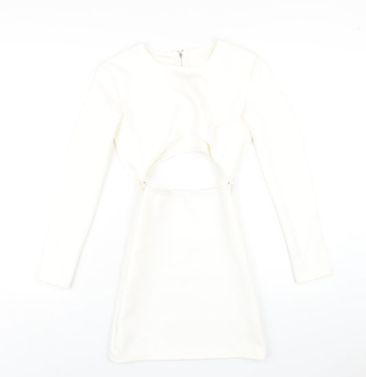 Additional front view of In the Style women’s white polyester mini, size UK 8, round neck zip - cut out suede effect