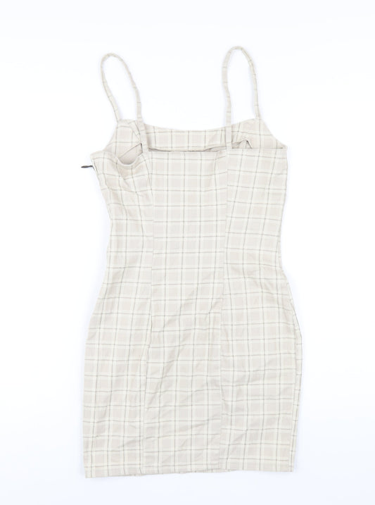 H&M Womens Beige Plaid Cotton Bodycon Size 8 Square Neck Zip