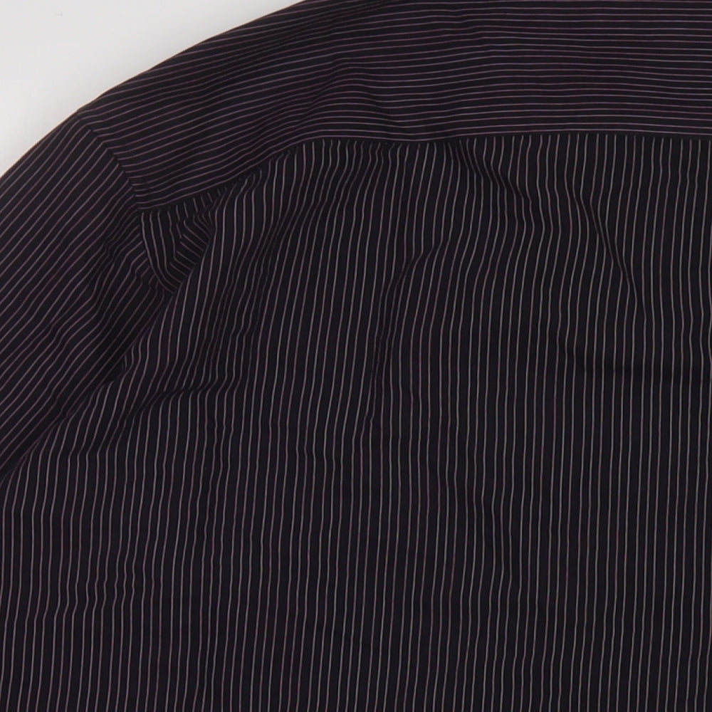 Brand and care label for Autograph men’s purple striped polyester button-up, size M, collared button