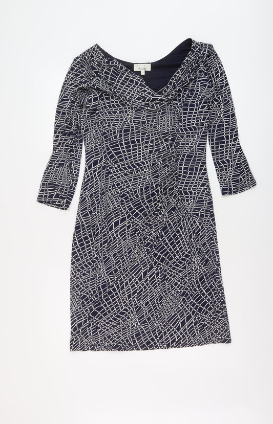 Additional front view of Linea women’s blue geometric polyester pencil dress, size UK 12, collared pullover