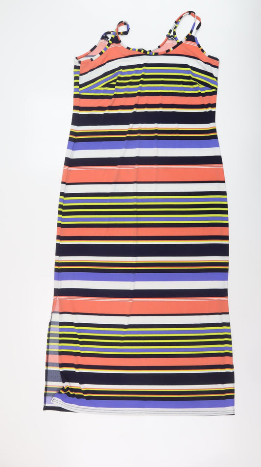 Additional front view of Kaleidoscope women’s multicoloured striped polyester a-line, size UK 14, round neck pullover