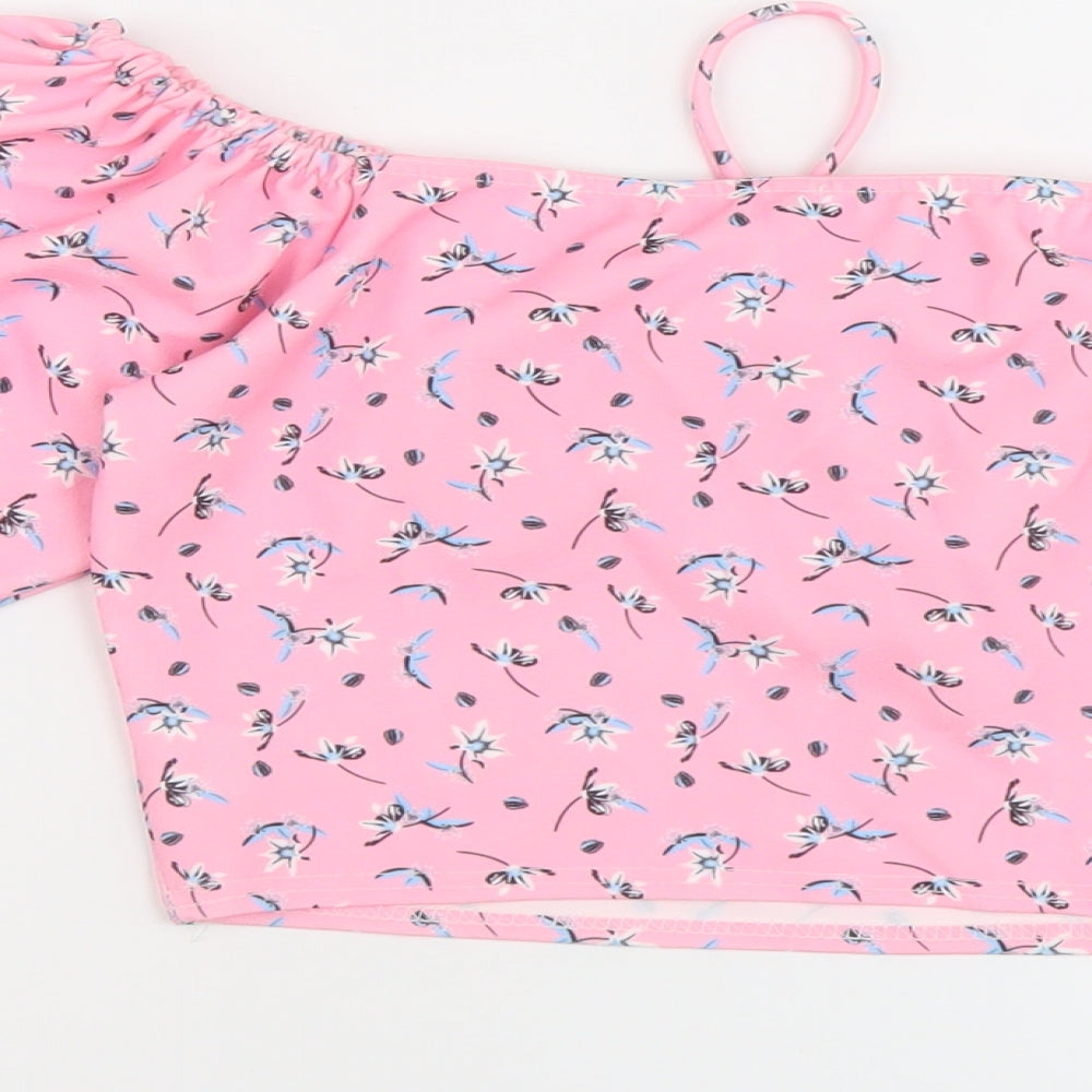 I SAW IT FIRST Womens Pink Geometric Polyester Cropped T-Shirt Size 10 Square Neck