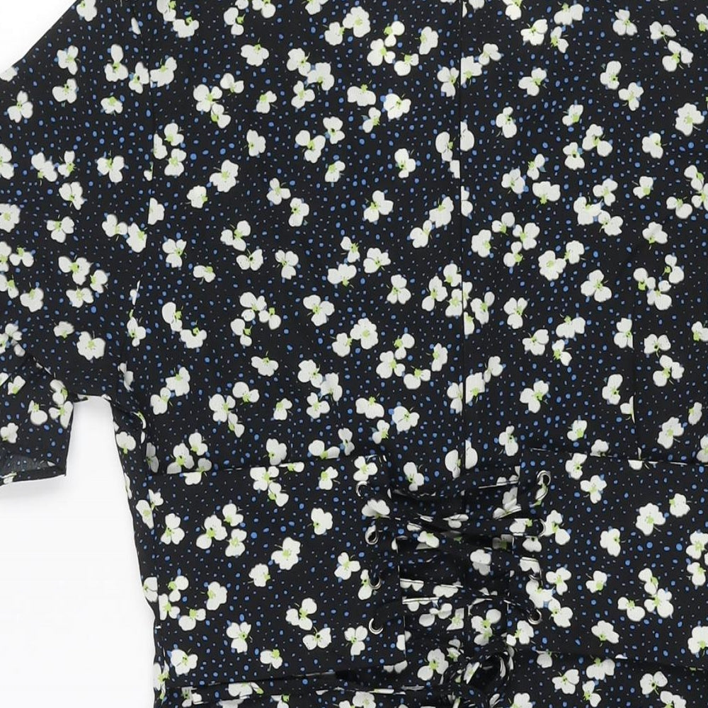 PRETTYLITTLETHING Womens Black Geometric Polyester Mini Size 12 V-Neck Zip - Frill Lace Up Back Floral Print