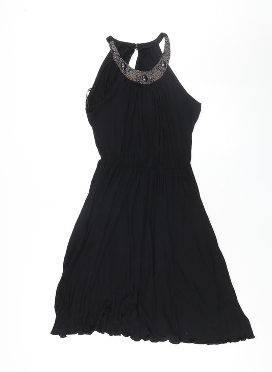 Additional front view of Miss Selfridge women’s black viscose shift, size UK 10, round neck button - beaded neckline