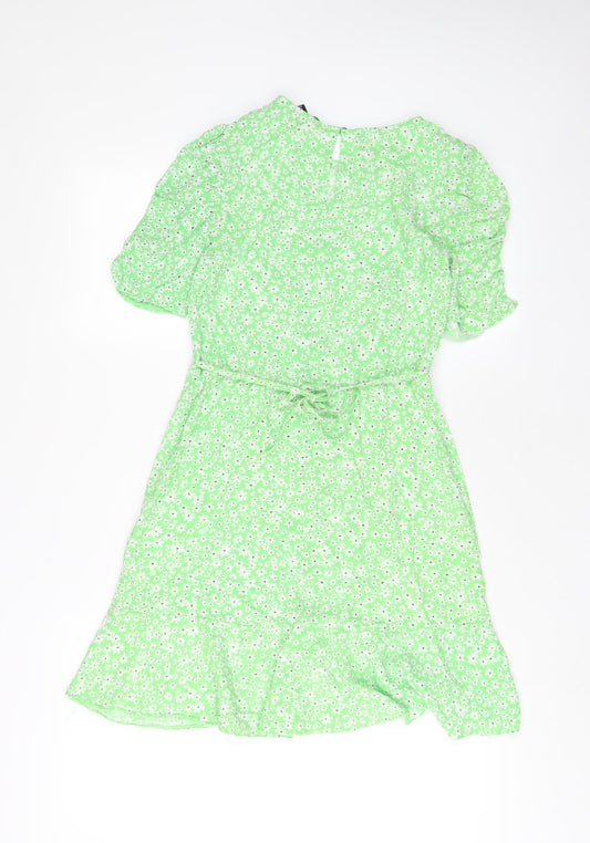 New Look Womens Green Floral Viscose A-Line Size 8 Crew Neck Button