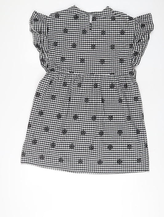 Zara Womens Black Plaid Cotton A-Line Size M Crew Neck Button - Embroidered