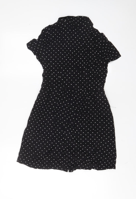 H&M Womens Black Geometric Viscose A-Line Size 10 Collared Button