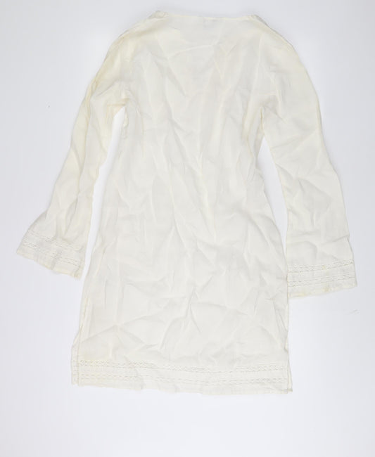 Zara Womens Ivory Ramie Sheath Size L V-Neck Pullover - Embroidered