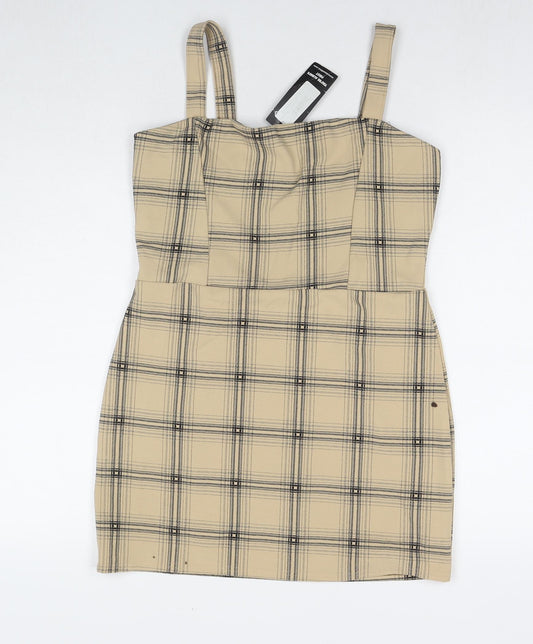 Additional front view of I SAW IT FIRST women’s beige check polyester tank dress, size UK 14, square neck pullover