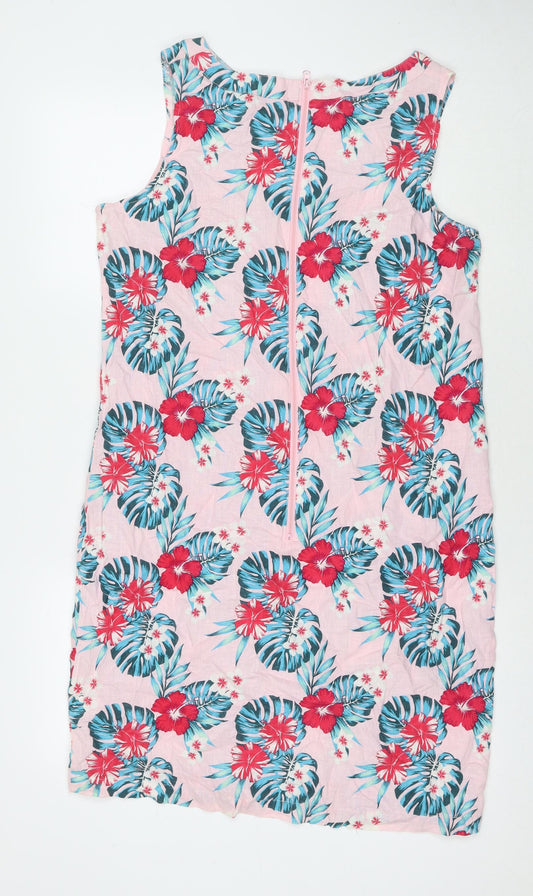 B.You Womens Pink Floral Linen Tank Dress Size 16 Round Neck Zip