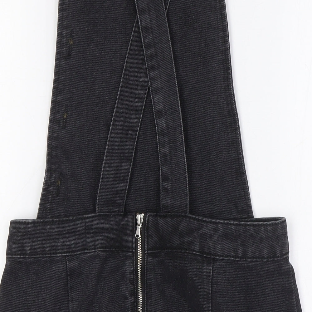 F&F Womens Black Cotton Pinafore/Dungaree Dress Size 6 Square Neck Zip