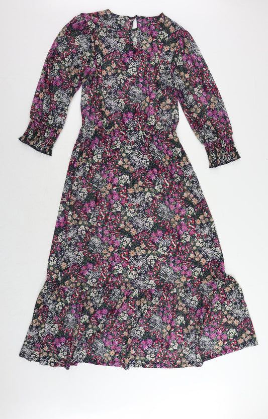 Oasis Womens Multicoloured Floral Polyester A-Line Size XS Round Neck Button - Sheer