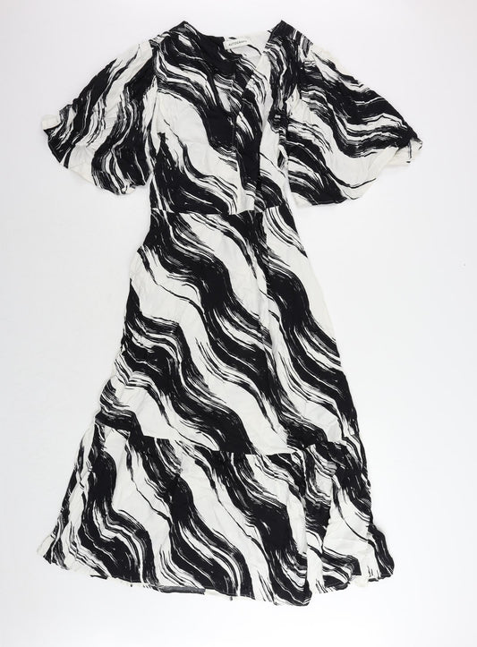 Additional front view of Autograph women’s black geometric viscose maxi, size UK 10, round neck zip - pockets