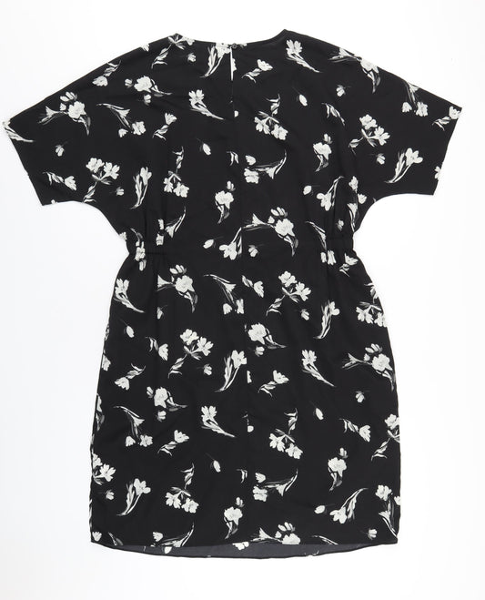 Lipsy Womens Black Floral Polyester A-Line Size 14 Round Neck Button