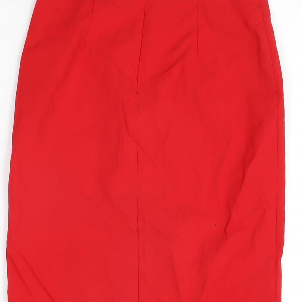 Brand and care label for ASOS women’s red viscose straight & pencil skirt, size UK 4, zip