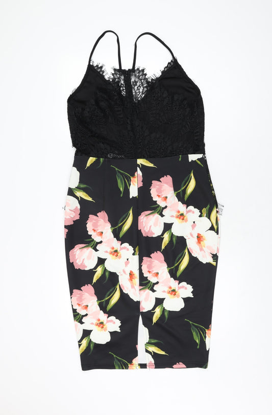 Boohoo Womens Black Floral Polyester Bodycon Size 14 V-Neck Zip