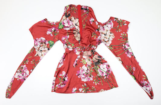Additional front view of Missguided women’s red floral polyester mini, size UK 8, v-neck zip