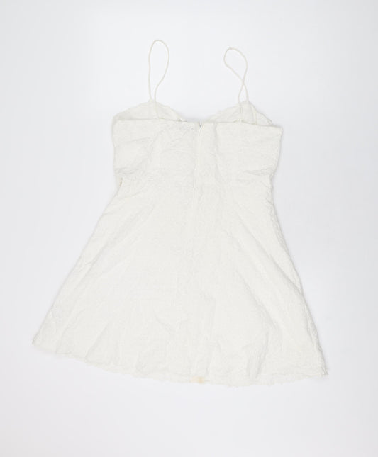 Topshop Womens White Geometric Cotton Skater Dress Size 12 V-Neck Zip
