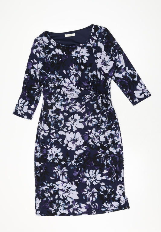 Additional front view of Kaliko women’s blue floral polyester bodycon, size UK 10, round neck pullover