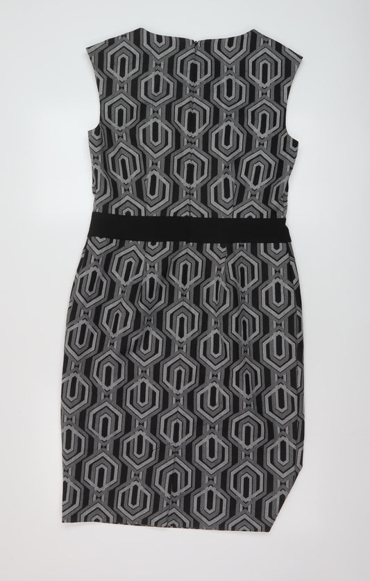 Linea Womens Black Geometric Polyester Sheath Size 12 Round Neck Zip