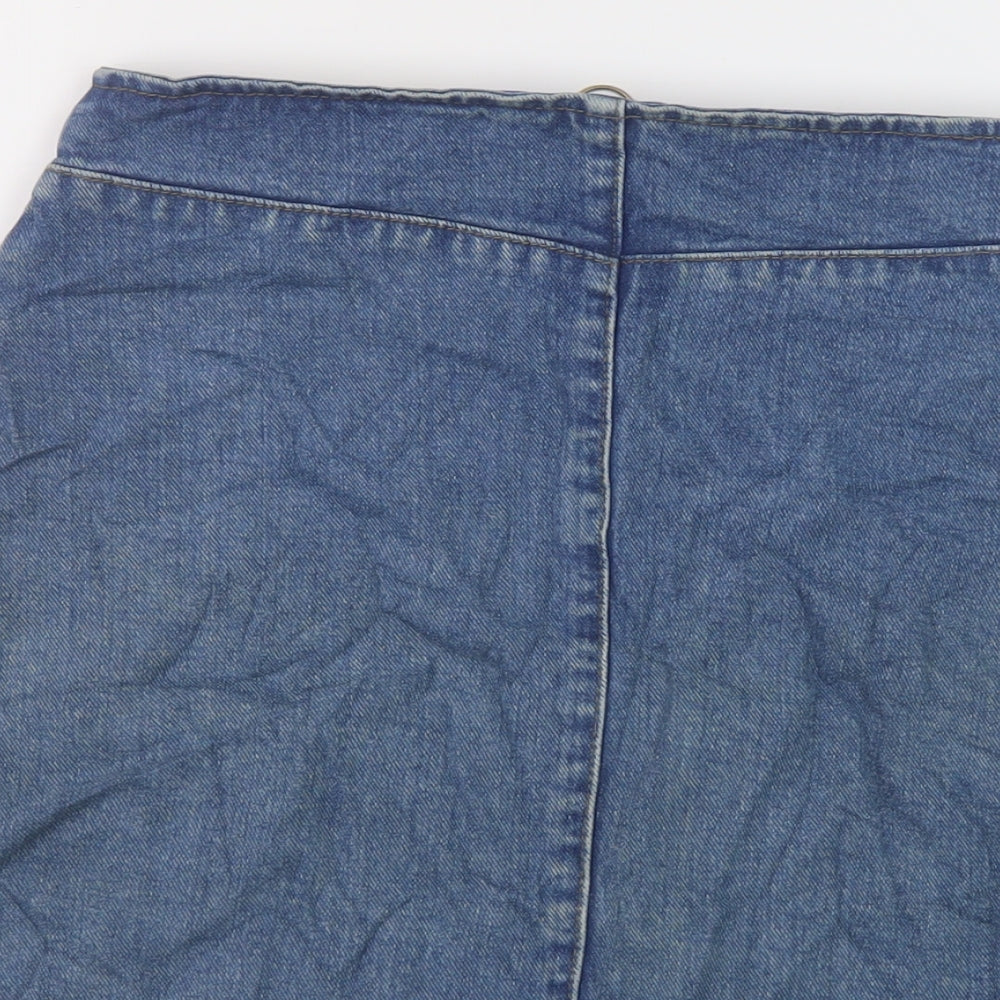 Brand and care label for ASOS women’s blue cotton mini skirt, size UK 12, zip