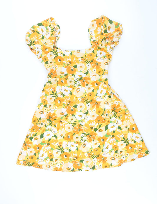 Divided by H&M Womens Orange Floral Polyester A-Line Size 12 Scoop Neck Tie - Cut Out Bodice