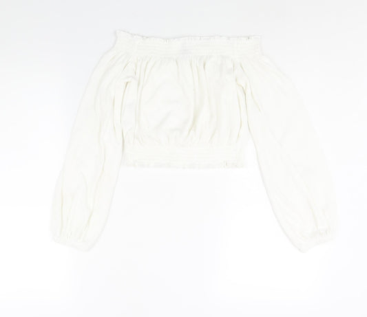 Divided by H&M Womens White Polyester Cropped Blouse Size S Off the Shoulder - Rouched