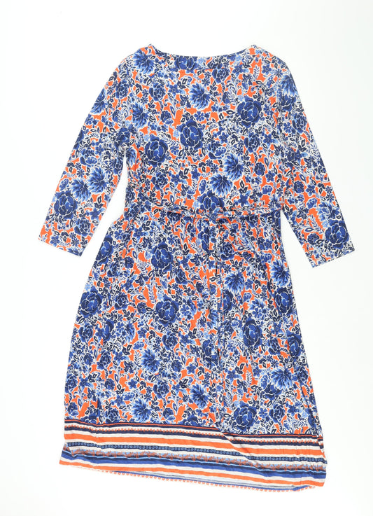Marks and Spencer Womens Blue Floral Viscose Shift Size 16 V-Neck Pullover - Belted Button Detail