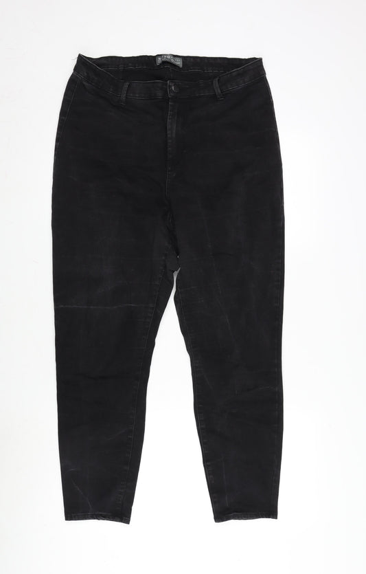 Additional front view of Denim & Co. women’s grey cotton blend tapered jeans, size UK 18, 26-inch leg regular tie