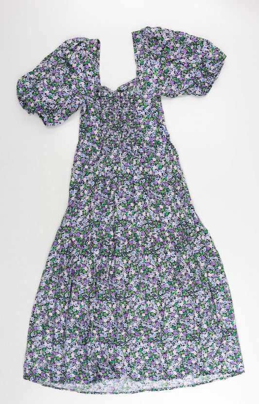 Marks and Spencer Womens Multicoloured Floral Cotton A-Line Size 8 Square Neck Pullover - Puff Sleeve