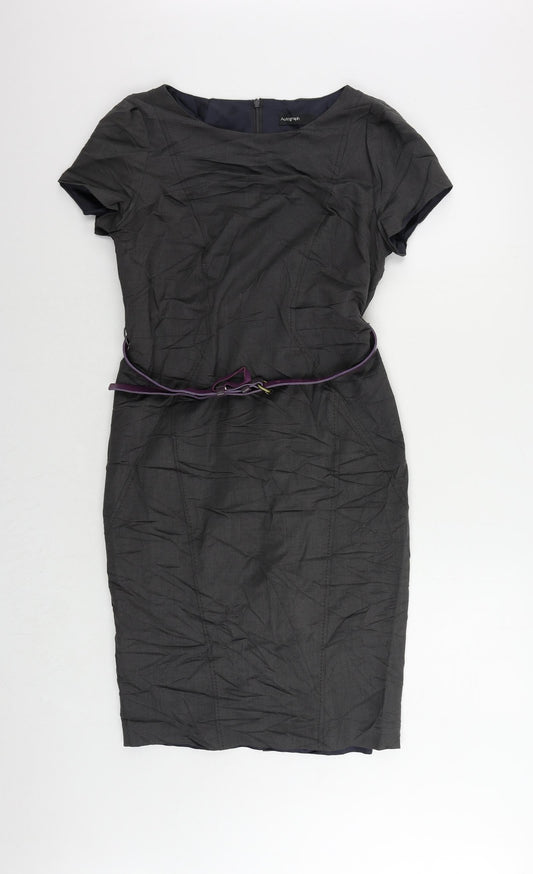 Additional front view of Autograph women’s grey viscose pencil dress, size UK 8, boat neck zip - belted