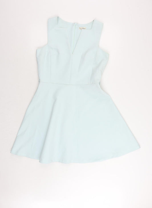 Additional front view of Miss Selfridge women’s blue polyester skater dress, size UK 14, v-neck zip