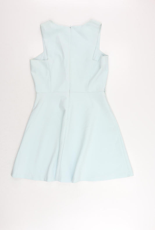 Miss Selfridge Womens Blue Polyester Skater Dress Size 14 V-Neck Zip