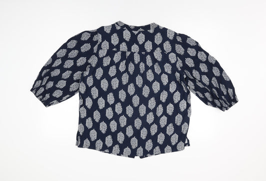 Marks and Spencer Womens Blue Geometric Viscose Basic Button-Up Size 12 Round Neck