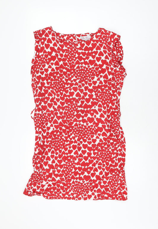 Additional front view of Be Beau women’s red geometric viscose shift, size UK 16, round neck zip