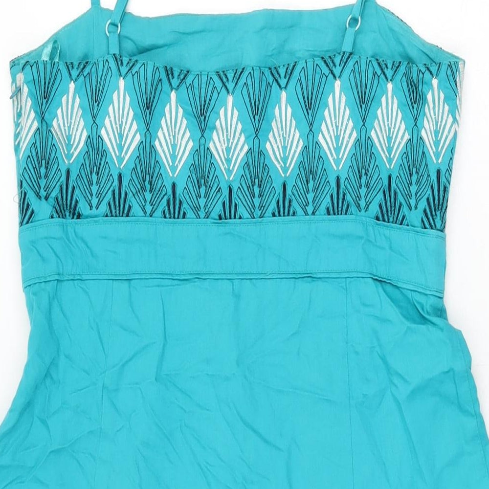 Monsoon Womens Blue Geometric Cotton A-Line Size 10 Square Neck Zip