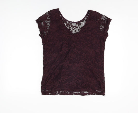 Dorothy Perkins Womens Purple Floral Polyester Basic T-Shirt Size 14 Round Neck