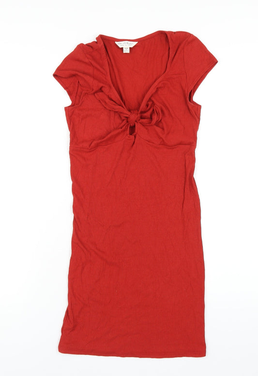 Additional front view of Miss Selfridge women’s red viscose bodycon, size UK 10, v-neck pullover