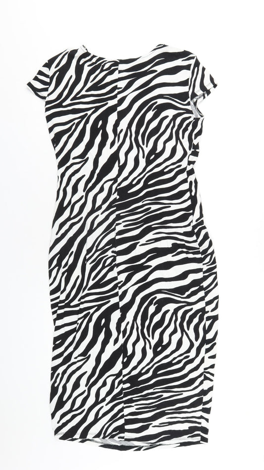Dorothy Perkins Womens Black Animal Print Viscose Bodycon Size 14 Round Neck Pullover - Zebra Print