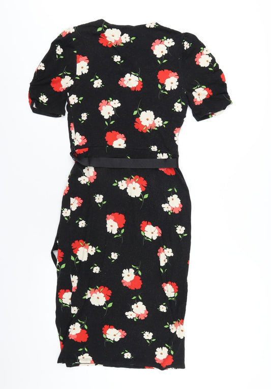 Phase Eight Womens Black Floral Viscose Bodycon Size 8 V-Neck Pullover