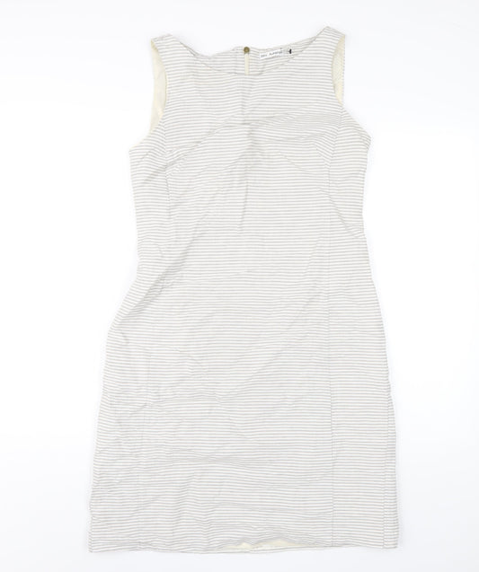 Additional front view of Autograph women’s grey striped cotton pencil dress, size UK 10, round neck zip
