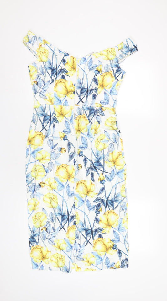 ASOS Womens Multicoloured Geometric Cotton Pencil Dress Size 12 Off the Shoulder Zip